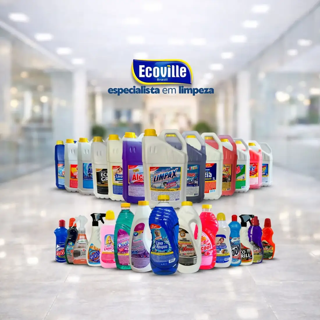 Linha de produtos exclusivos Ecoville: galões de 5 litros e frascos de 2 litros
